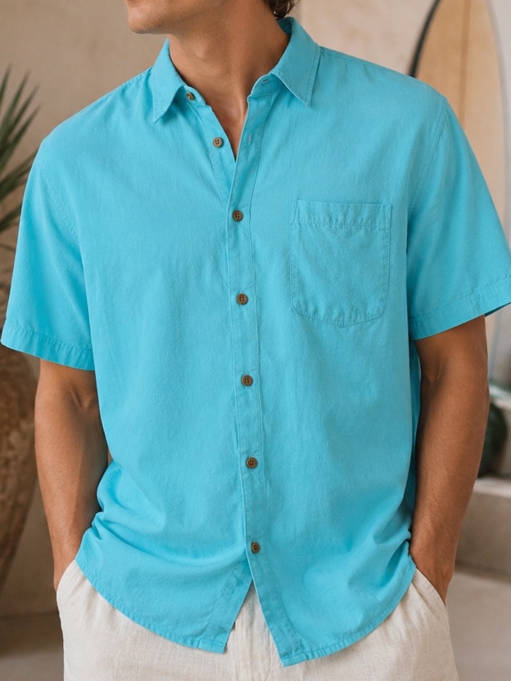Alexander Julian 100% Organic Cotton Aqua Short Sleeve Button-Up Shirt Men’s XL